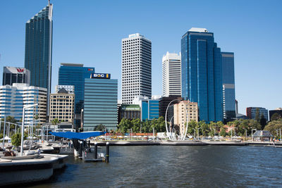 Modern skyscrapers against clear blue sky