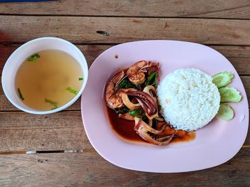 High angle view of meal served on table