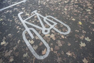 High angle view of bicycle lane sign on street