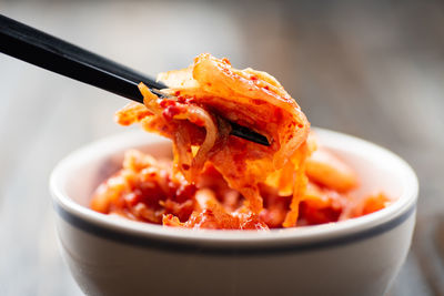 High angle view of noodles in bowl on table