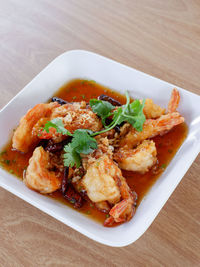 High angle view of food in plate on table