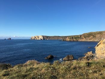 Scenic view of sea against clear blue sky