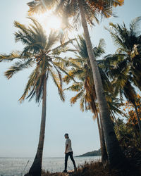 Rear view of man standing on palm tree