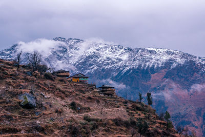 Scenic view of snowcapped mountains against sky