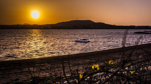 Sailboats sailing in sea against sky during sunset