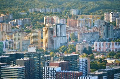 High angle view of buildings in city