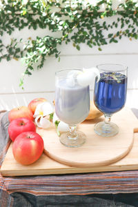 High angle view of fruits in glass on table