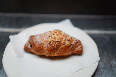 High angle view of bread in plate on table