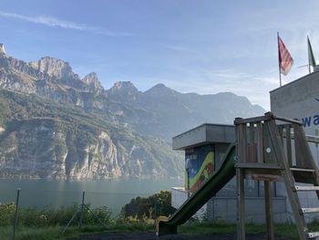 Scenic view of lake and mountains against sky