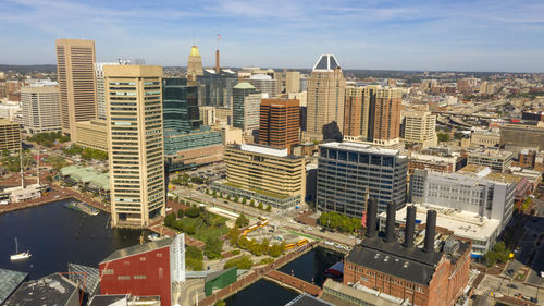 High angle view of buildings in city against sky