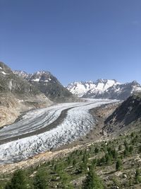 Scenic view of snowcapped mountains against clear sky