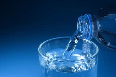 Close-up of water in glass against blue background