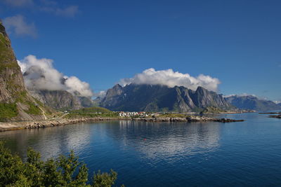 Scenic view of lake and mountains against sky