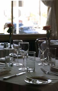 Empty chairs and table in restaurant