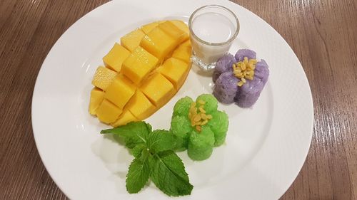 High angle view of dessert served on plate