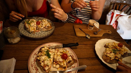High angle view of people having food