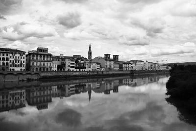 Canal in city against cloudy sky