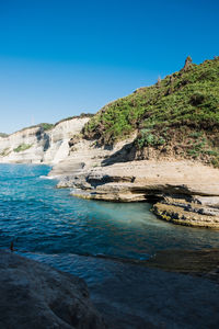 Scenic view of sea against clear blue sky