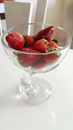 Close-up of strawberries in glass bowl on table