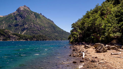 Scenic view of sea against clear blue sky