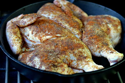 High angle view of meat in cooking pan