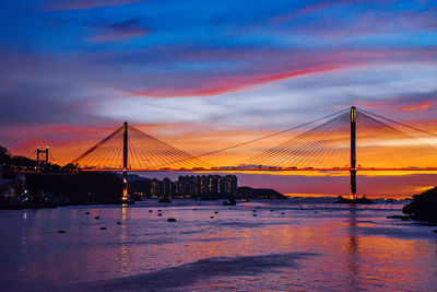 Suspension bridge over sea during sunset