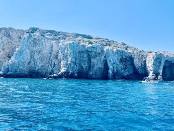 Scenic view of sea against clear blue sky