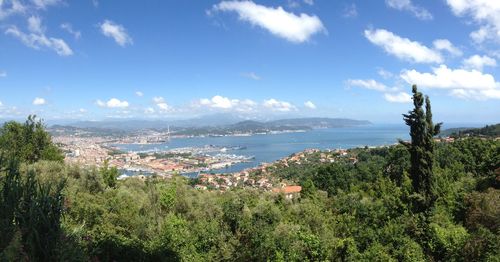 Scenic view of green landscape and sea against sky