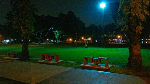 View of empty park bench at night