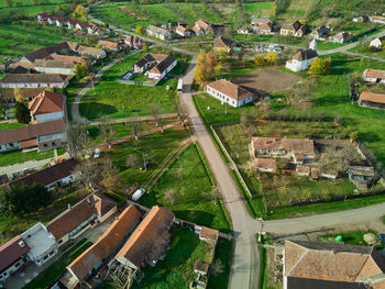 Aerial drone view over the round village of charlottenburg, timis, romania
