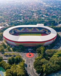 High angle view of amusement park against sky