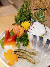 Close-up of sushi served in plate