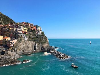 Scenic view of sea against clear blue sky