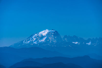 Scenic view of snowcapped mountains against blue sky