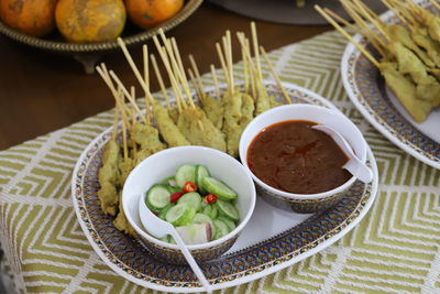 High angle view of food in plate on table