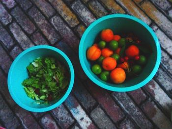 High angle view of fruits in bowl on table