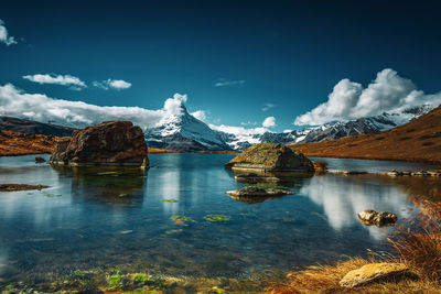 Matterhorn reflection in the lake stellisee, switzerland. landscape photography at the stellisee