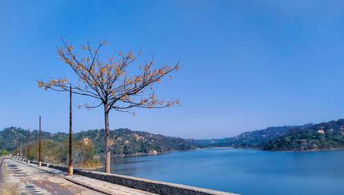 Scenic view of mountains against clear blue sky