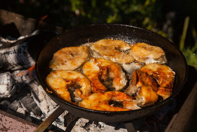 High angle view of food in cooking pan