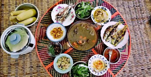 High angle view of breakfast on table