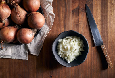 High angle view of vegetables in bowl on table