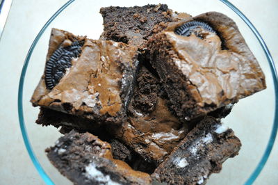 High angle view of chocolate cake in plate