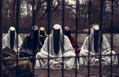 Rear view of people standing against bare trees