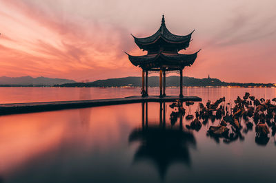 Scenic view of lake against sky during sunset