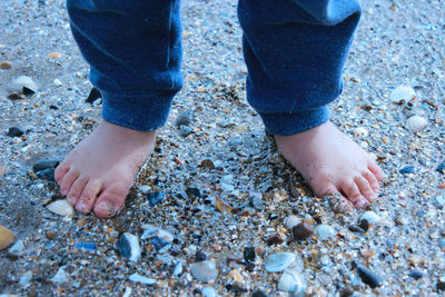 Low section of child standing at beach