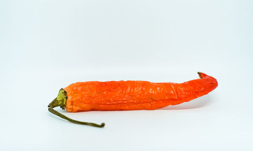 Close-up of orange slice in plate against white background