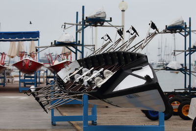 Deck chairs against sky