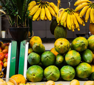 Papayas and bananas ready for sale at the fair. organic concept.