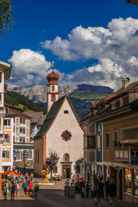 View of little st. anthony's chapel in the historic center of ortisei mountain village