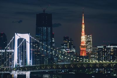 Illuminated buildings in city at night